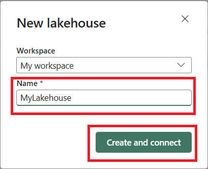 Screenshot des Namensfensters für das neue Lakehouse mit ausgewählter Option „Erstellen und Verbinden”.