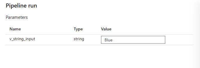 Screenshot der Pipelineausführung mit Parameterwerten, die vom Switch-Ausdruck verwendet werden. Die Eingabe ist in diesem Beispiel 