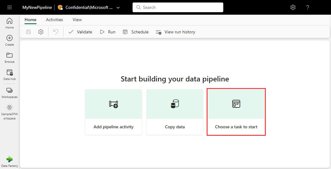 Screenshot showing the pipeline editor window with the Choose a task to start button highlighted.