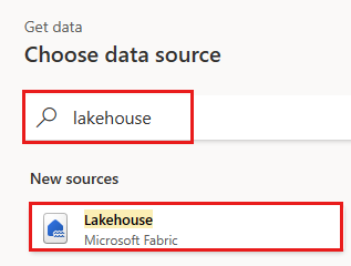 Screenshot der Auswahl der Lakehouse-Datenquelle aus dem Menü 
