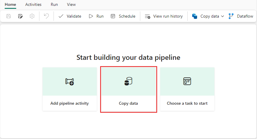 Screenshot showing the selection of the Copy data activity from the new pipeline start page.