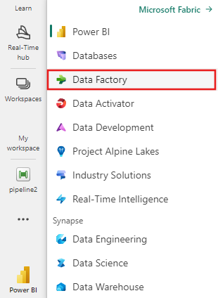 Screenshot of menu in which Data factory option appears.