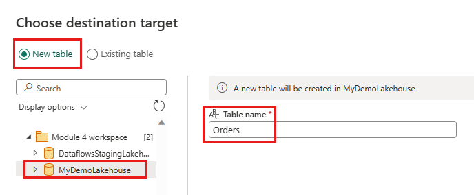Screenshot: Lakehouse-Tabelle „Orders“ für das Datenziel.