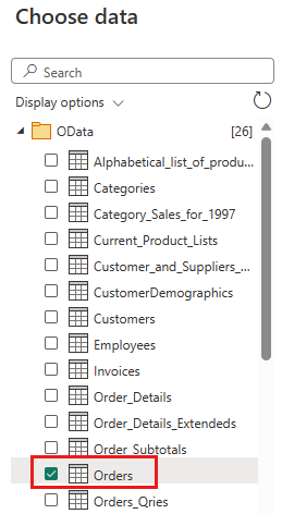 Screenshot: Dialogfeld zum Auswählen der Tabelle „Orders“.