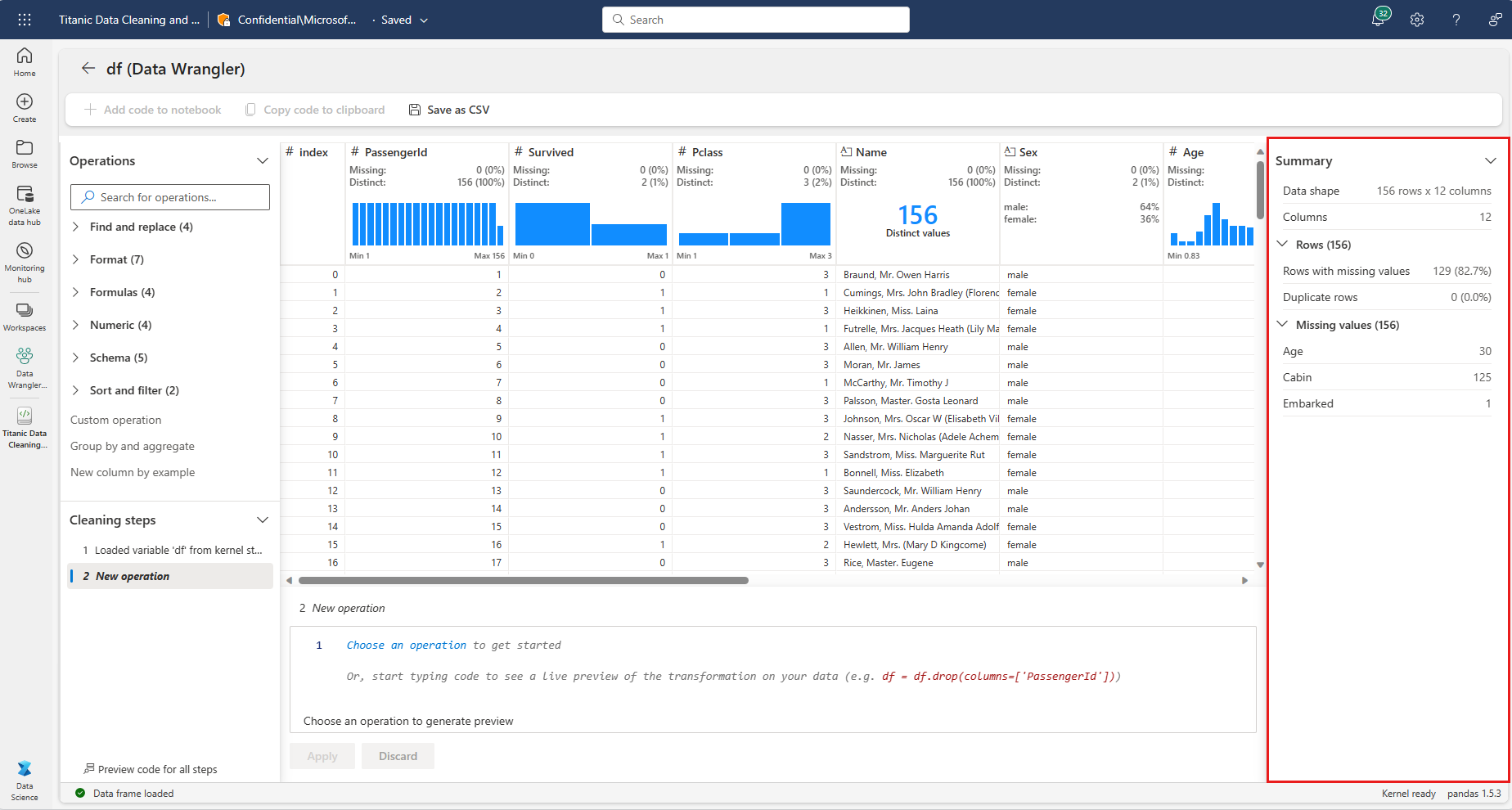 Screenshot: Datenwrangler-Anzeigeraster und Zusammenfassungsbereich