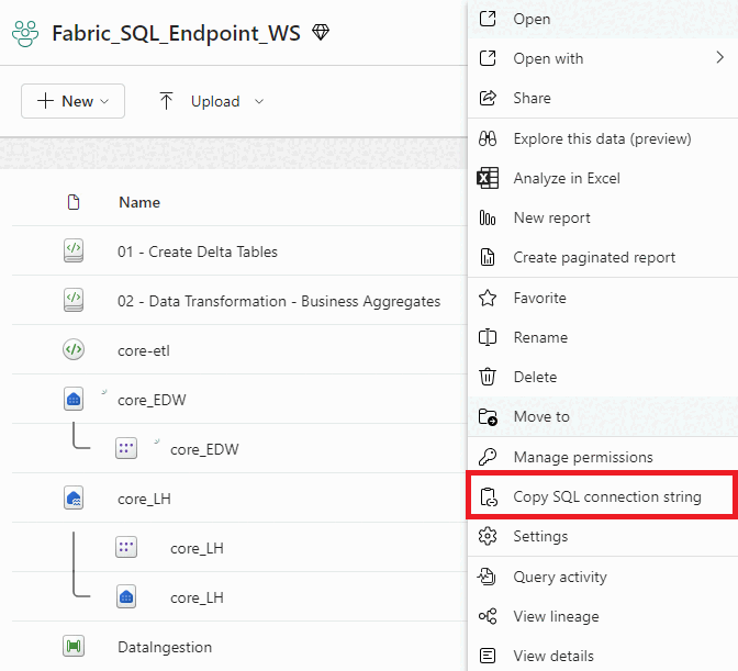 Screenshot aus dem Fabric-Portal des Kontextmenüs Weitere Optionen. Die Option SQL-Verbindungszeichenfolge kopieren ist hervorgehoben.