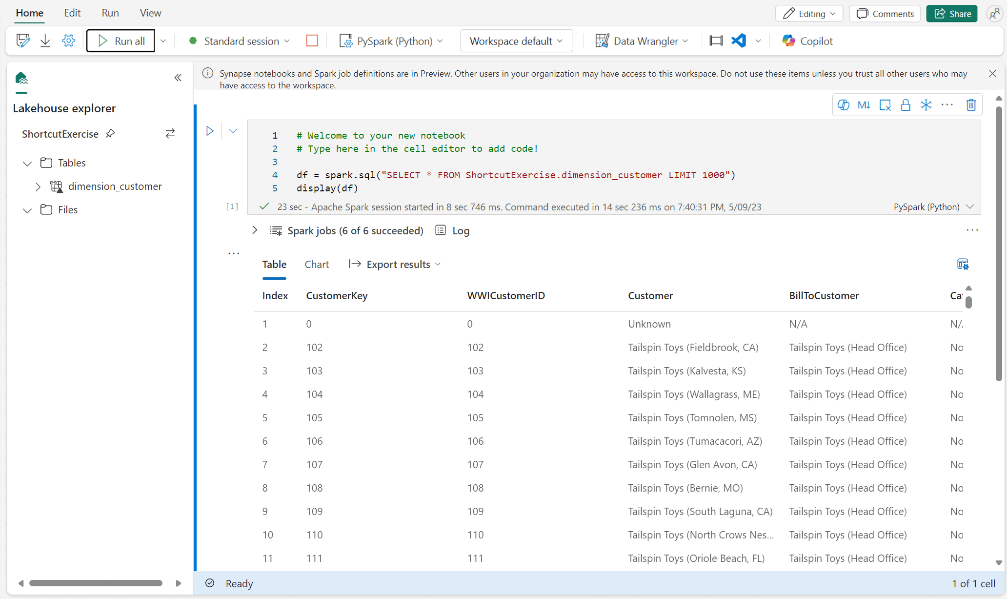 Screenshot des Fabric-Portals, bei dem die Ergebnisse der Ausführung des Notebooks gezeigt werden, um Daten aus „dimension_customer“ anzuzeigen.