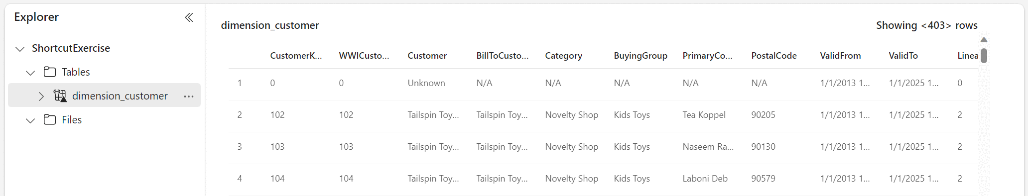 Screenshot der Datenvorschau der Tabelle „dimension_customer“ im Fabric-Portal.