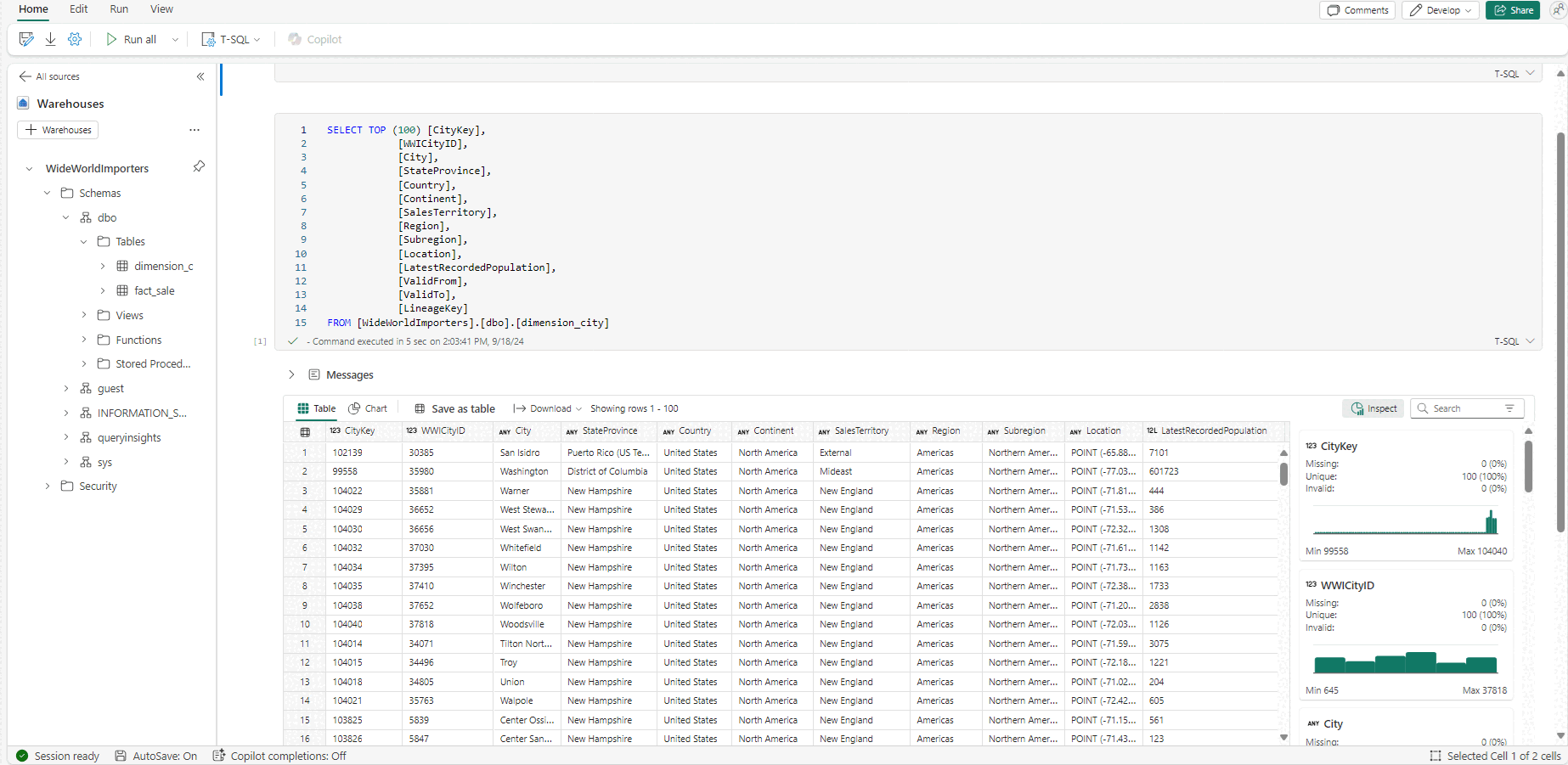 Screenshot des Fabric-Portals der SELECT TOP 100-Ergebnisse.