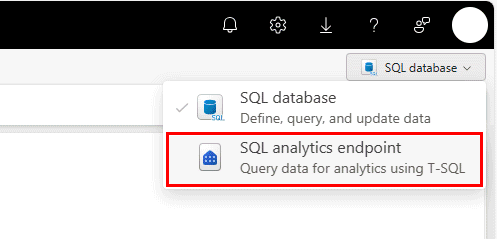 Screenshot des Fabric-Portals mit der Dropdown-Liste zur Auswahl der SQL-Datenbank oder des SQL-Analyseendpunkts.