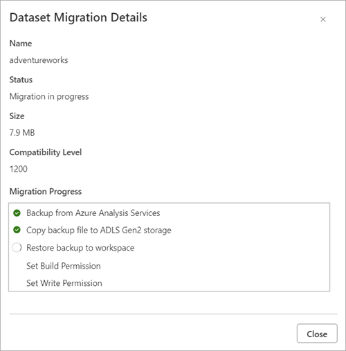 Modellmigrationsdetails mit Fortschritt.