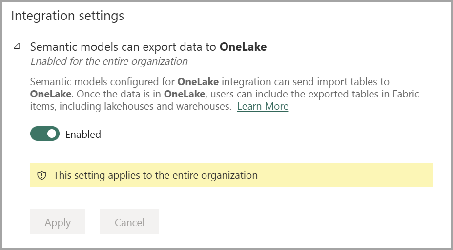 Screenshot der Einstellung des Verwaltungsportals, mit der semantische Modelle in onelake exportiert werden können.