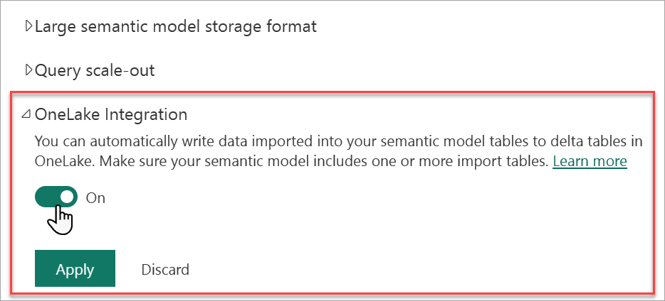 Aktivieren Sie die OneLake-Integration in Modelleinstellungen.