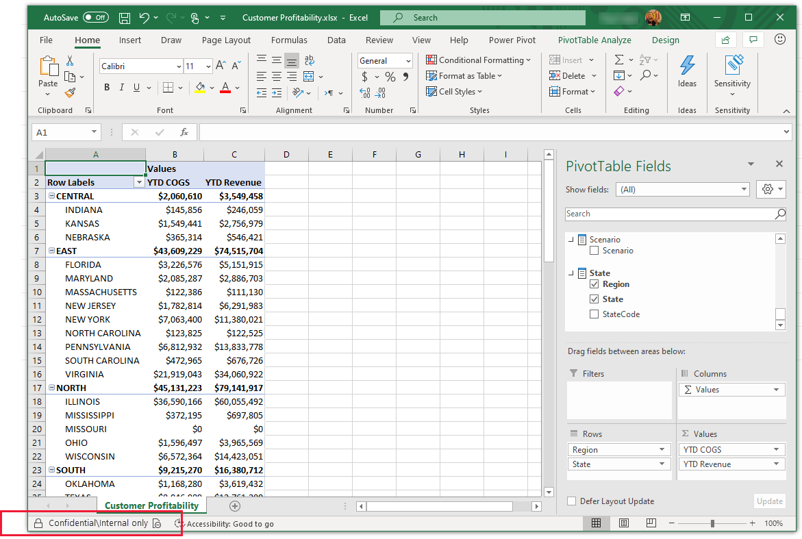 Screenshot von Excel mit Vertraulichkeitsbezeichnung, die über eine Liveverbindung vom semantischen Modell übernommen wurde.