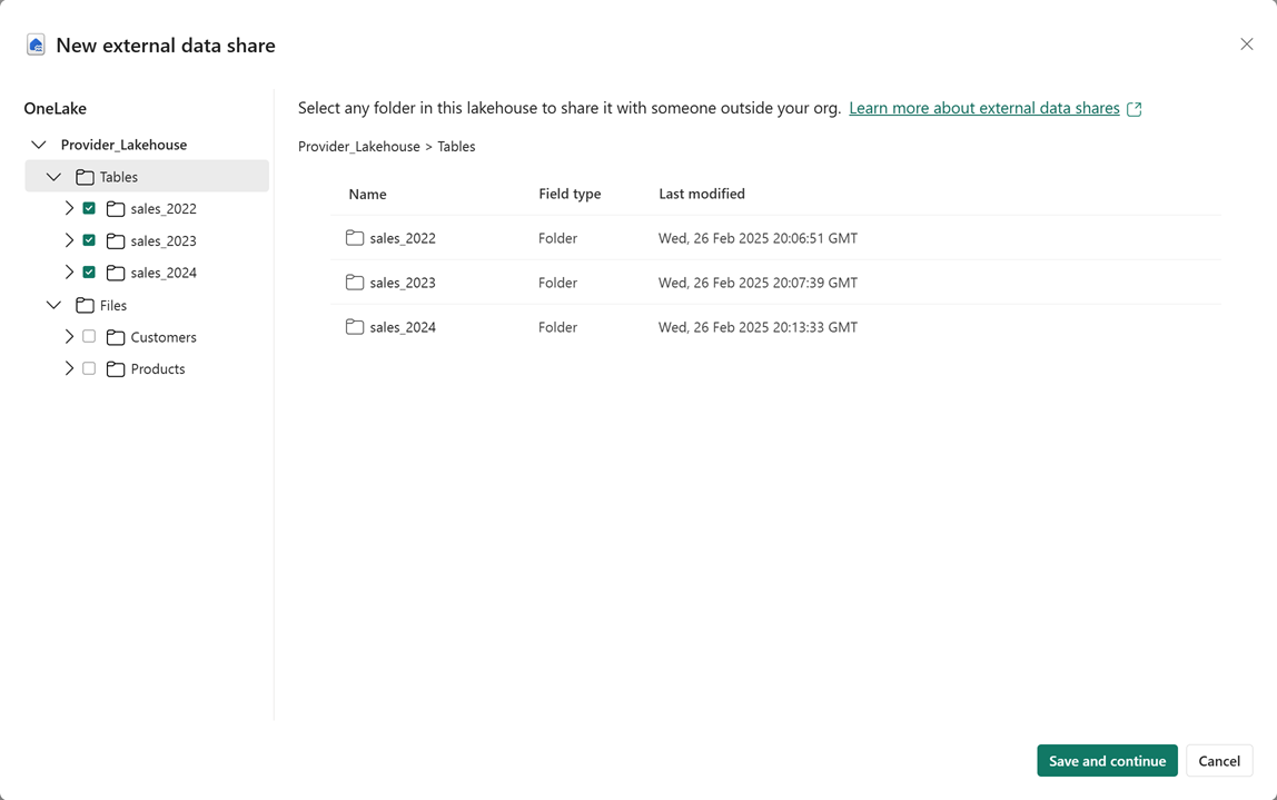 Screenshot mit dem Dialog Neue externe Datenfreigabe.