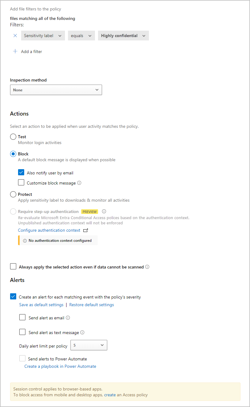 Screenshot des Fensters „Defender for Cloud App-Sicherheit“ mit den erweiterten Optionen zur Richtlinienkonfiguration.
