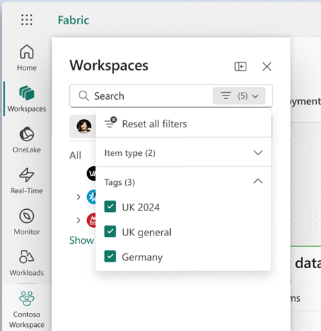 Screenshot des Arbeitsbereichstagsfilters.