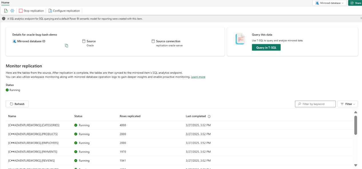Screenshot der Benutzeroberfläche für die Gespiegelte Datenbankerstellung mit der Schaltfläche 