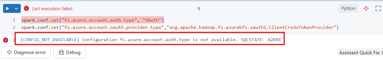 Screenshot mit fehlermeldung, wenn ein Benutzer versucht, nicht unterstützte Spark config in serverless compute zu ändern.