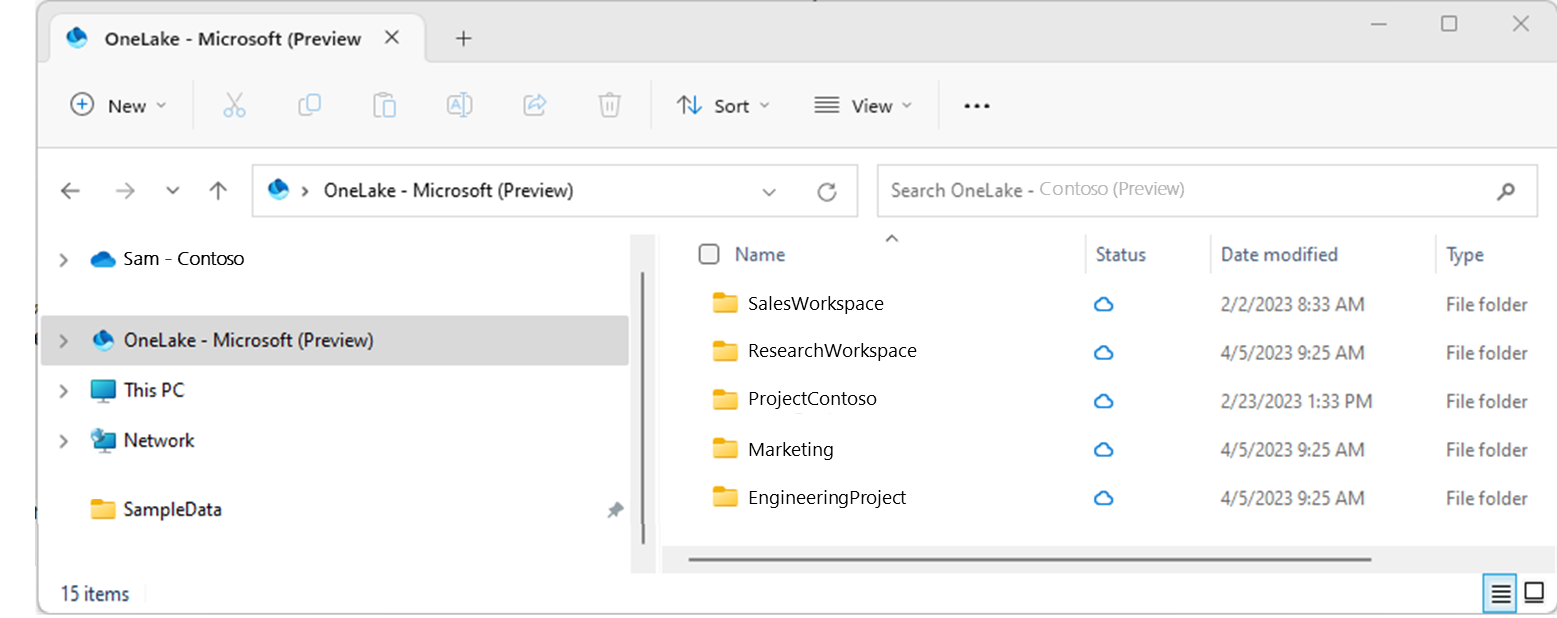 Screenshot: OneLake-Dateien, die im Windows-Explorer-Bildschirm integriert sind.
