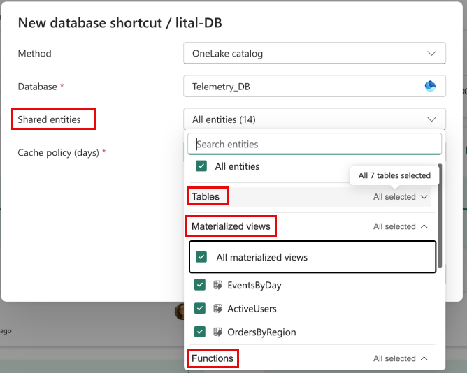 Screenshot der Auswahl bestimmter Unterelemente in einer Eventhouse-Datenbank.