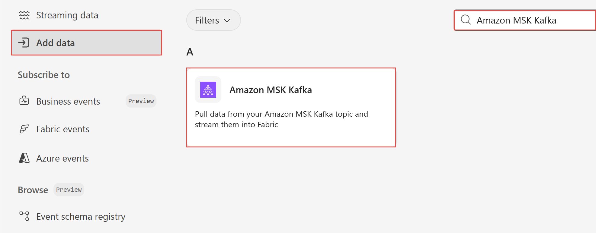 Screenshot der Auswahl von Amazon MSK Kafka.