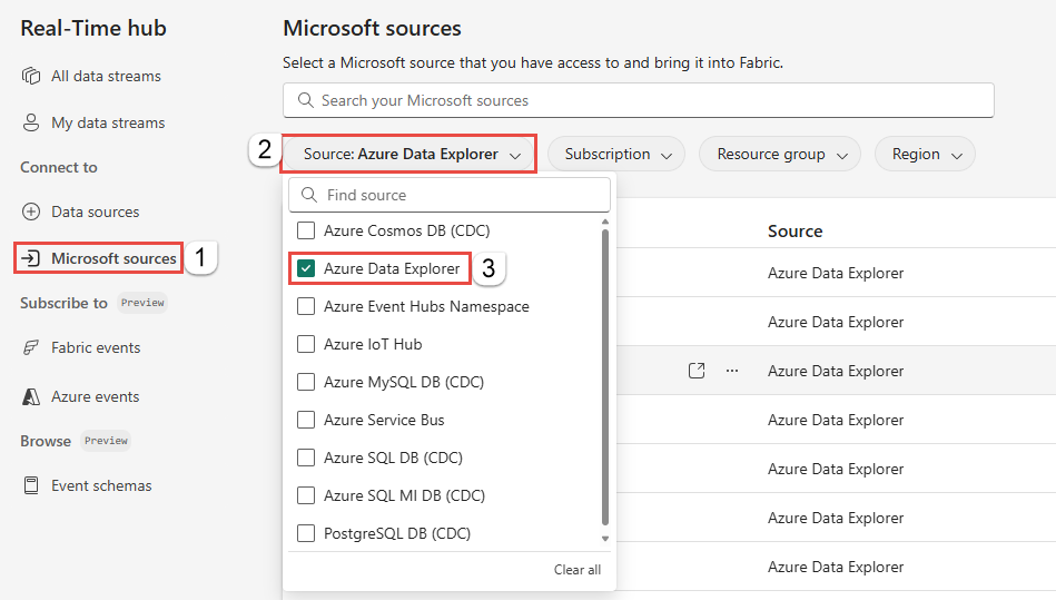 Screenshot der Auswahl von Azure Data Explorer auf der Seite Microsoft-Quellen.