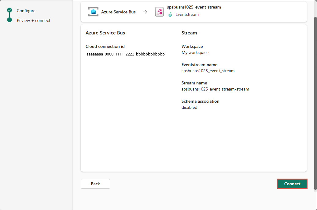 Der Screenshot der Seite „Überprüfen und verbinden“ für den Azure Service Bus-Connector.