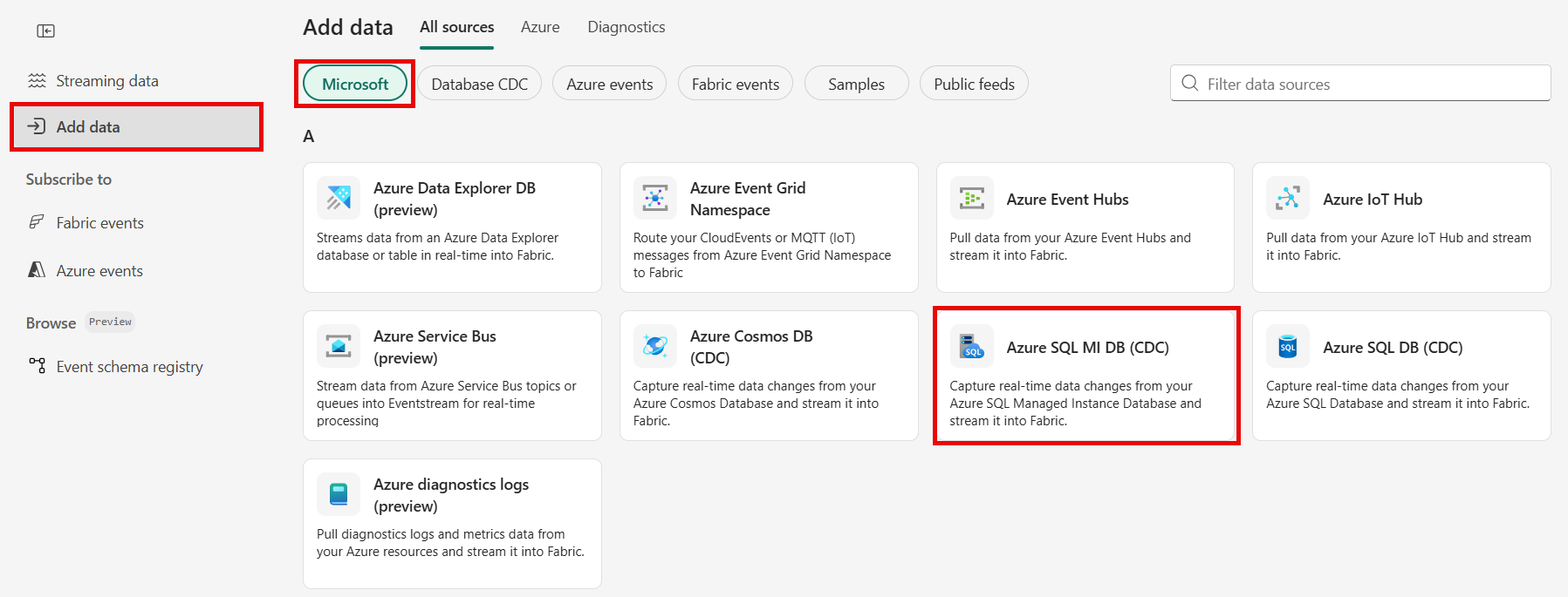 Screenshot der Auswahl des AZURE SQL Managed Instance CDC als Quelltyp auf der Seite Datenquellen.