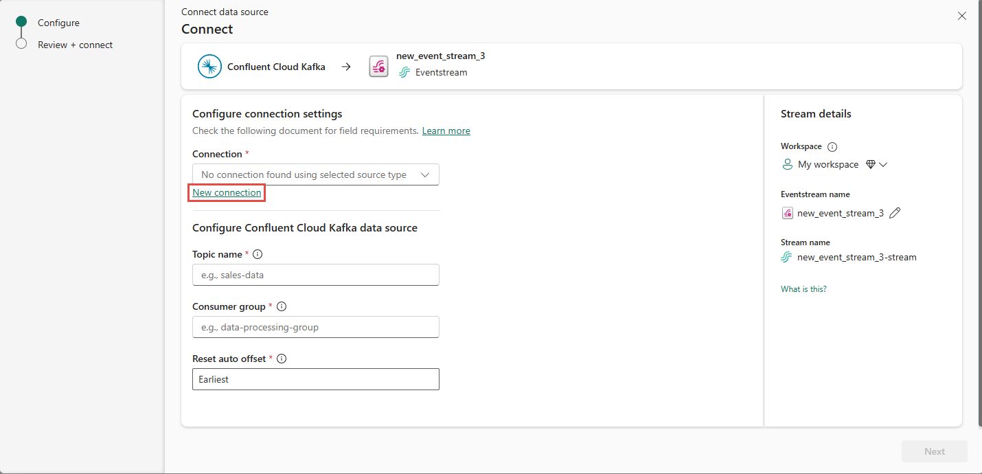 Screenshot, der die Auswahl der Option „Neue Verbindung“ auf der Seite „Verbinden“ des Assistenten „Quelle hinzufügen“ zeigt.