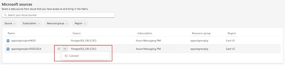 Screenshot der Seite Microsoft-Quellen mit Filtern zum Anzeigen von Azure PostgreSQL CDC und der Schaltfläche Verbinden.