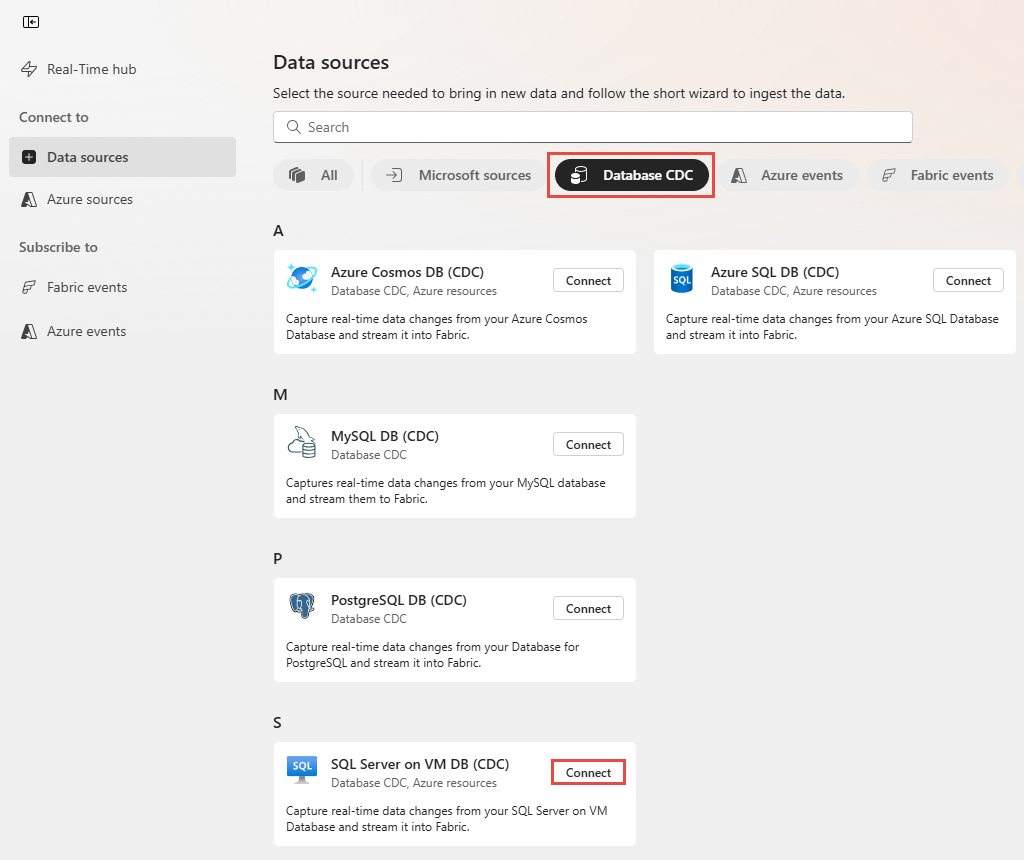 Screenshot der Auswahl von SQL Server auf VM DB (CDC) als Quelltyp auf der Seite Datenquellen.