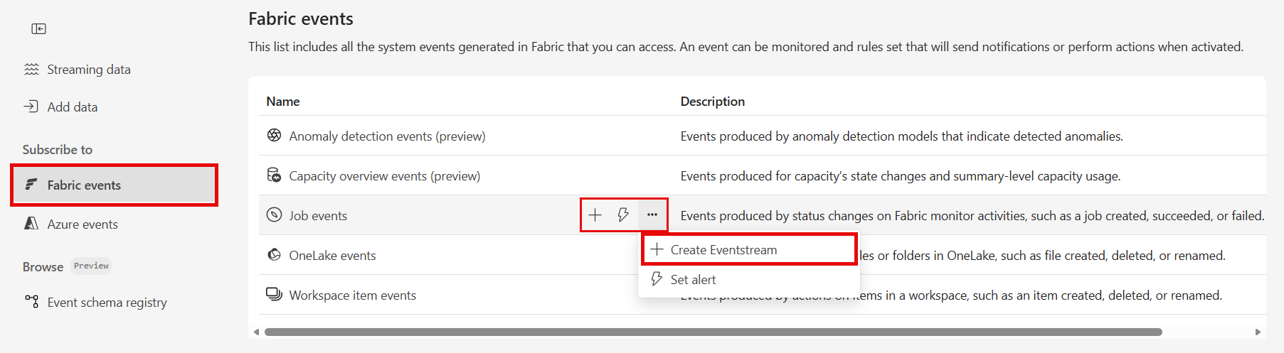 Screenshot: Seite „Fabric-Ereignisse“ im Echtzeit-Hub