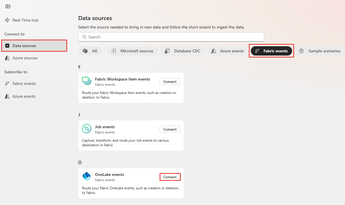 Screenshot: Seite „Ereignisse abrufen“ mit ausgewählter Option „OneLake-Ereignisse“