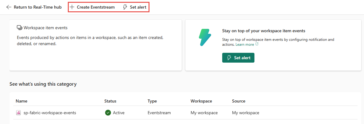 Screenshot, der Aktionen auf der Ereignisse-Detailseite des Fabric-Arbeitsbereichselements zeigt.