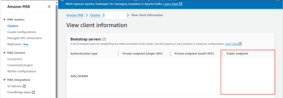 Screenshot des öffentlichen Endpunkts von Amazon Managed Streaming für Apache Kafka (MSK)-Cluster.