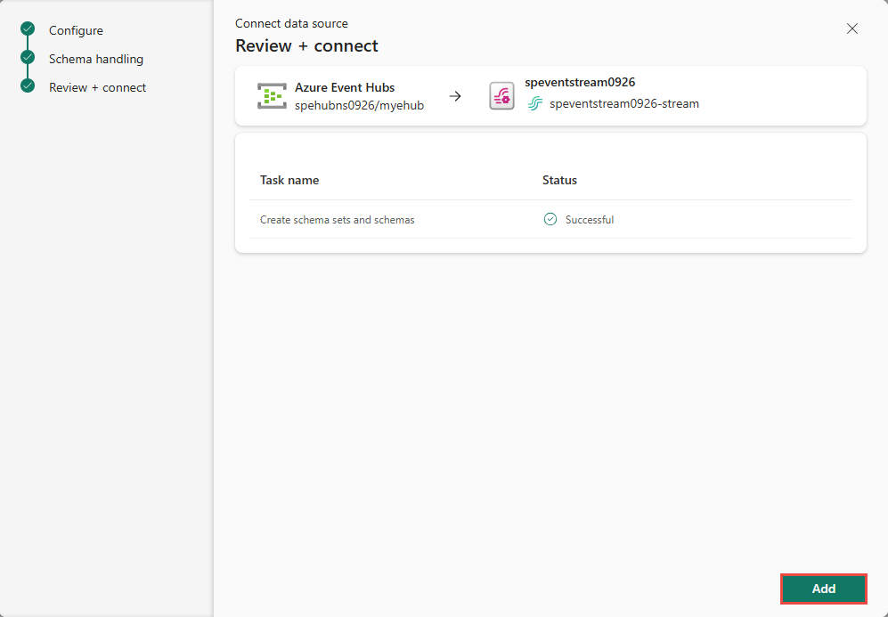 Screenshot der Seite zum Überprüfen von Einstellungen und Erstellen eines Connectors nach der erfolgreichen Erstellung von Ressourcen.