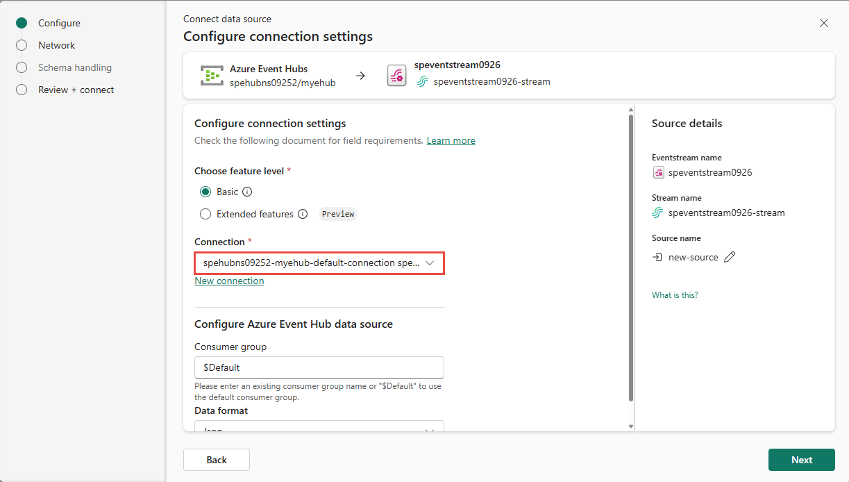Screenshot, der die Seite Verbinden mit einer bestehenden Verbindung zu einem Azure Event Hub zeigt.