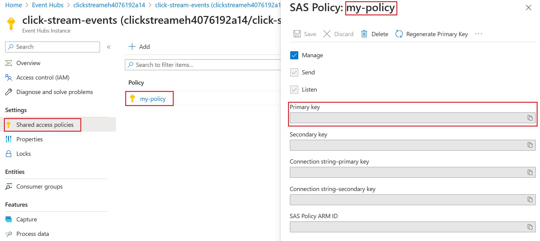 Screenshot des Azure Event Hub-Richtlinienschlüssels.