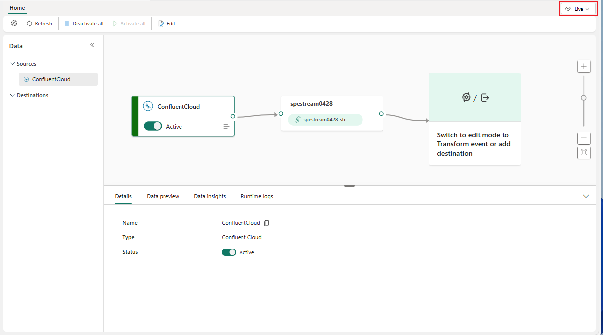 Screenshot der Confluent Kafka-Quelle in der Live-Ansicht.