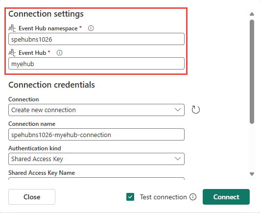 Screenshot der Verbindungseinstellungen für einen Event Hub.