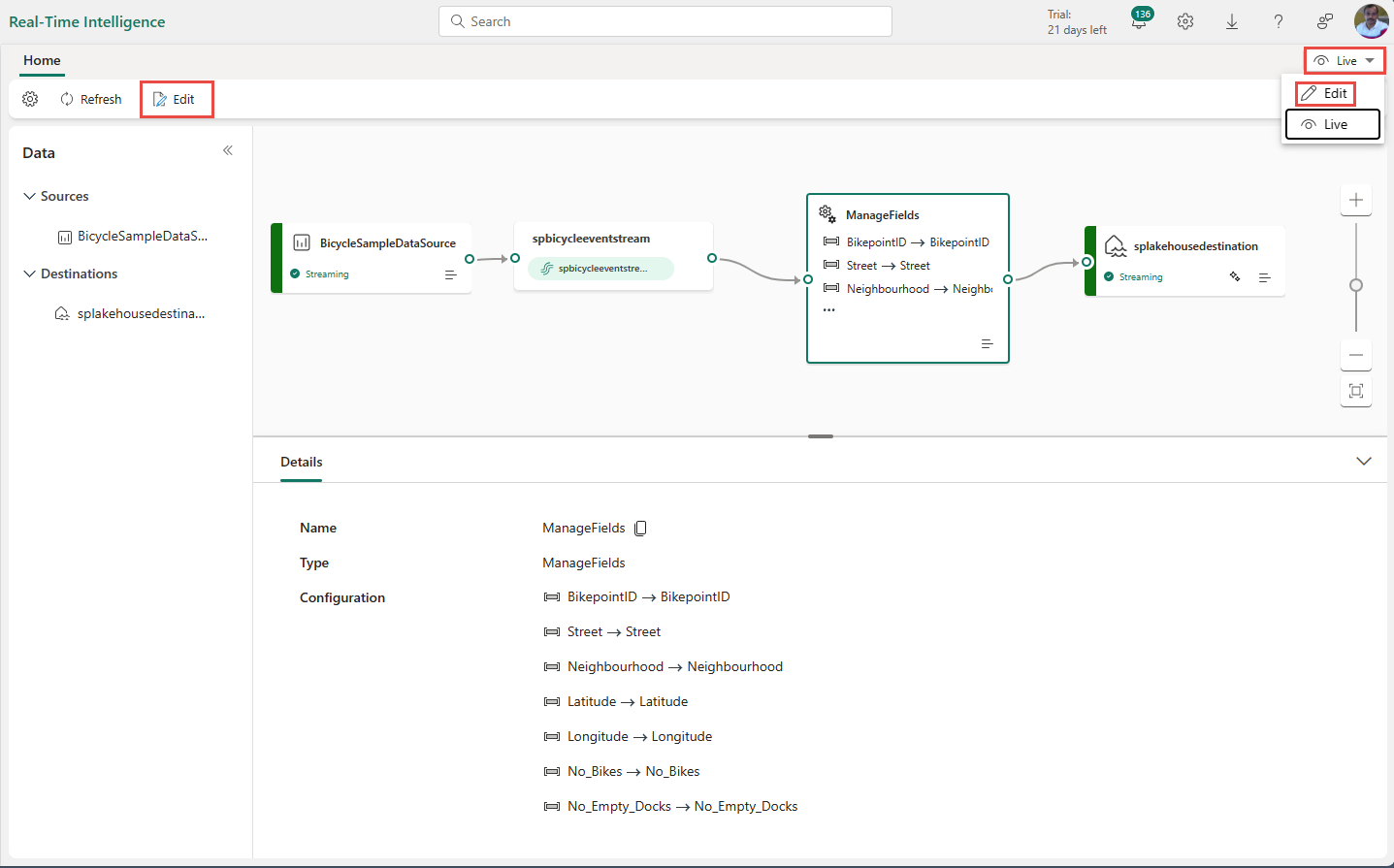 Screenshot des Ereignisverarbeitungs-Editors für einen Eventstream mit erweiterten Funktionen.