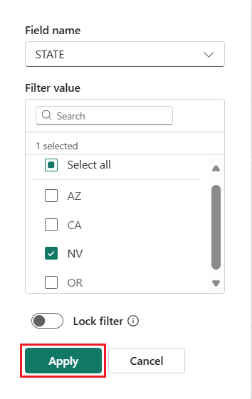 Screenshot eines Filterdialogfelds mit Feldname, der mithilfe eines Dropdownmenüs auf 