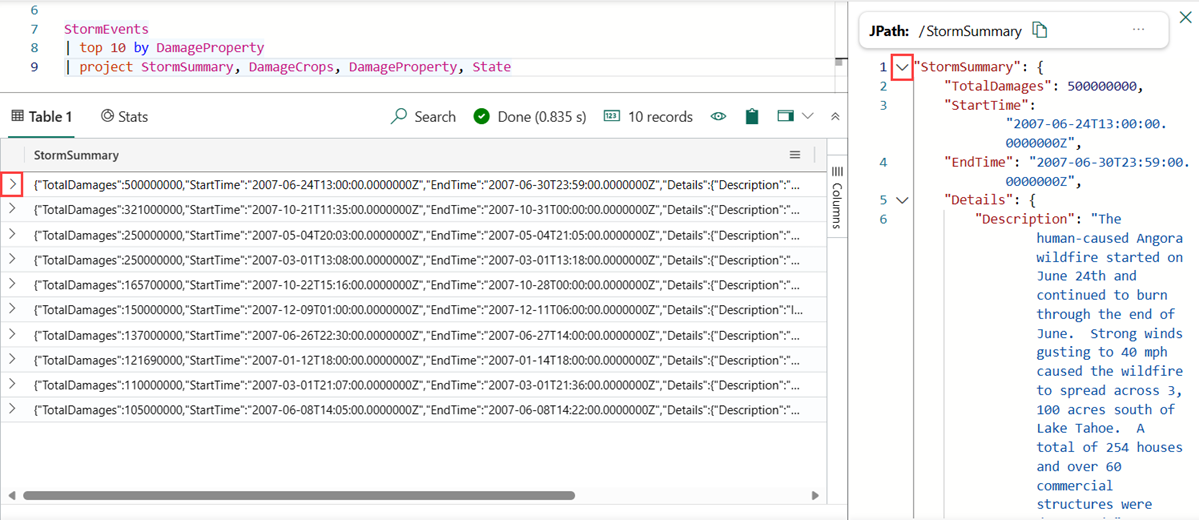 Screenshot des KQL Queryset-Ergebnisbereichs mit einer erweiterten Zeile.