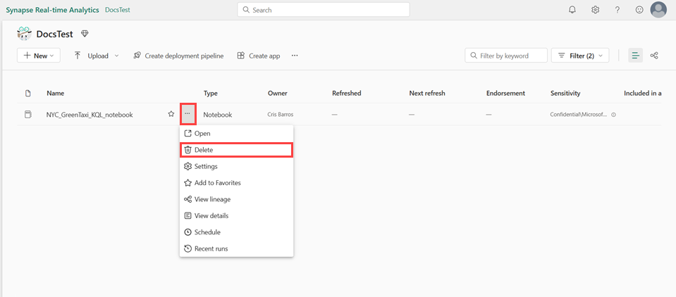 Screenshot des Arbeitsbereichs mit dem Dropdownmenü des NYC GreenTaxi-Notizbuchs. Die Option 