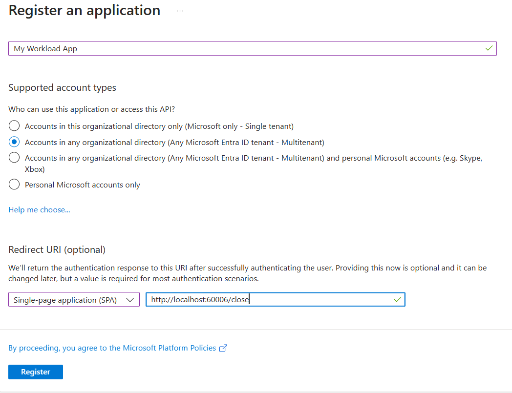 Screenshot: Anwendungsregistrierungs-UI