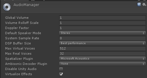 The Unity Spatializer settings panel with Project Acoustics spatializer selected