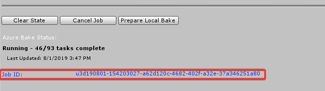 The Unity bake job ID highlighted on the Bake tab