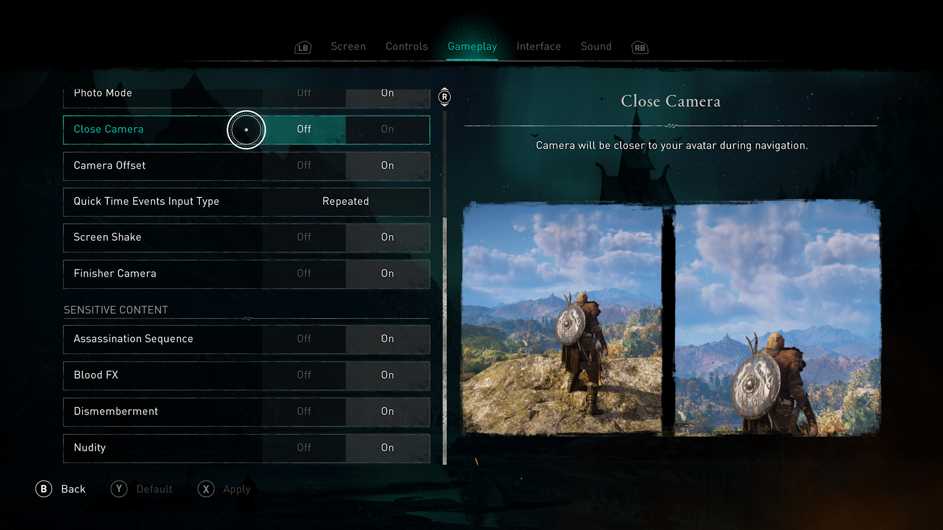 Assassin's Creed Valhalla screenshot of gameplay menu with focus on close camera option currently set to off. A preview of the setting is to the right with two images, one showing the camera back far enough to view the player character's entire back, legs, immediate area surrounding that character. The other image's camera is closer showing the player character's back down to their rear with little visible behind the character.