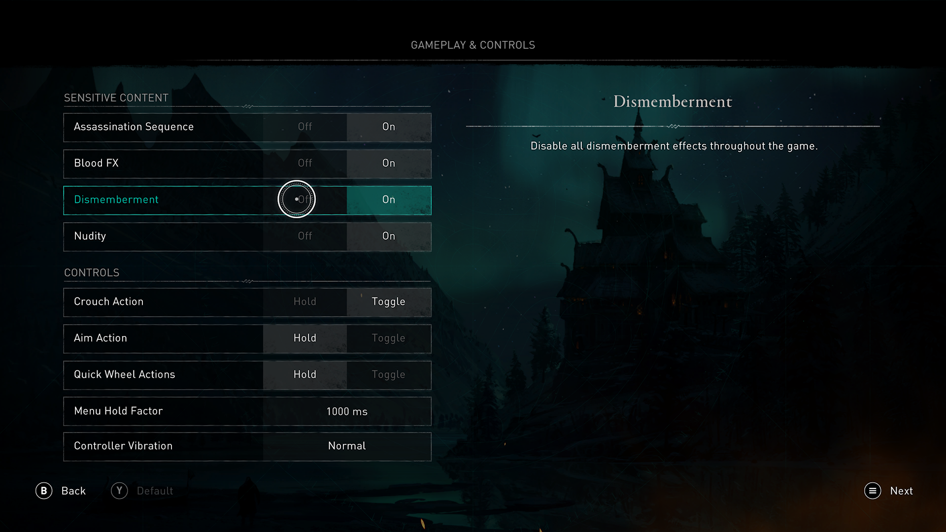 A screenshot from Assassin's Creed Valhalla gameplay and controls menu. Under the sensitive content sub-category, the dismemberment setting has focus. The setting is currently toggled to on.